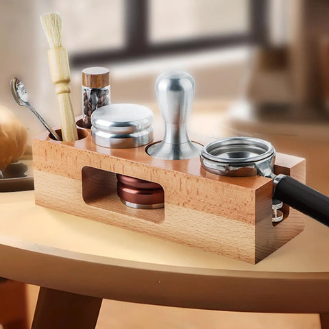 Top Shelf 58mm Espresso Tamping Station Natural Wood Multifunctional Dosing Box Tool Organizer with tools on table.
