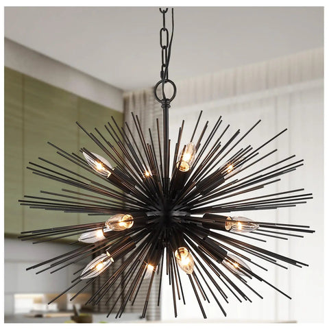 Black Sputnik Starburst Chandelier With 12 Lights 24 Inches Mid Century Firework Pendant Light Fixture For Dining Room Kitchen Island And Living Room Solid Metal 15 Pound Ceiling Light Showstopper in a modern setting