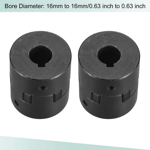 Pair of heavy duty flexible coupling shafts 16mm to 16mm bore, 51mm long, 44mm OD, 5mm slot, 45 steel motor coupler visible.