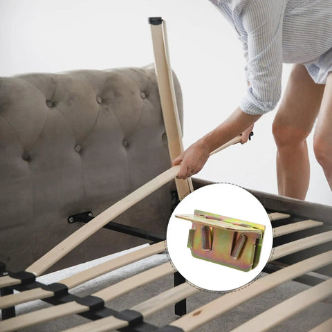 Premium Iron U Shaped Bed Rail Fasteners Six Piece Heavy Duty Frame Connectors near bed slats for DIY assembly.