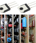 Two Pack 2SB1647 2SD2560 Transistors For Switching And Amplifier Projects, 150V High Voltage, 15A Current, TO3P Package, Great For DIY Electronics, Solar Chargers, Microwave Circuits, And Learning Experiments. Two TO-3P power transistors shown with circuit board components.