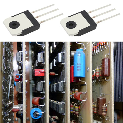 Two Pack 2SB1647 2SD2560 Transistors For Switching And Amplifier Projects, 150V High Voltage, 15A Current, TO3P Package, Great For DIY Electronics, Solar Chargers, Microwave Circuits, And Learning Experiments. Two TO-3P power transistors shown with circuit board components.