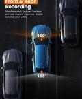 Top view illustrating 4K Front And Rear Dash Cam With Built-In 5G WiFi GPS, 64GB Included, showing recording angles.