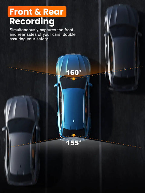 Top view illustrating 4K Front And Rear Dash Cam With Built-In 5G WiFi GPS, 64GB Included, showing recording angles.