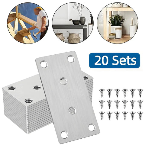 Heavy Duty 20 Pack Stainless Steel Mending Plates For Wood With Screws and Beefy Flat Brackets for quick repairs.