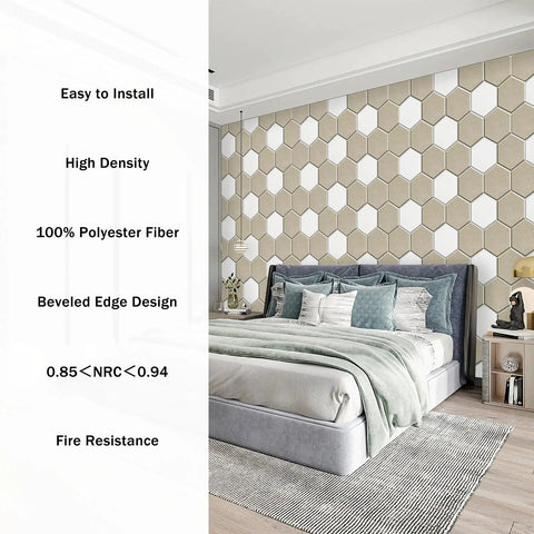 Twelve Pack Hexagonal Acoustic Panels Peel Stick Sound Dampening Foam Tiles Straight Up Dead Quiet Home Studio Wall Treatment installed in bedroom.