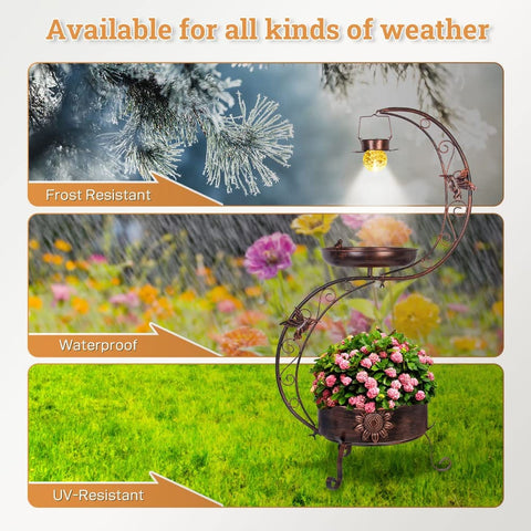 Outdoor Metal Standing Bird Bath With Solar Lamp Vintage Style Garden Birdbath Pedestal With Flower Planter, frost, waterproof, UV-resistant.