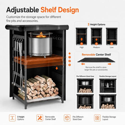 Fire Pit Storage Station For Solo Stove And Other Fire Pits With Adjustable Shelf Design and Wood Storage Cabinet