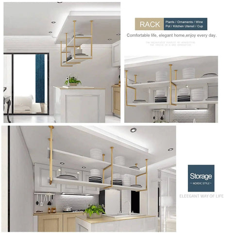 Industrial Ceiling Shelf With Wrought Iron Flower Stand And White Wood Planks For Kitchen Bar Restaurant And Garage Built Tough Dope Space Saver Overhead Storage Rack Size 150x30x8 Loft Style installed in modern kitchen.