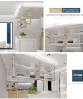 Industrial Ceiling Shelf With White Wood Planks And Iron Brackets installed in kitchen, used for overhead storage of dishes