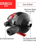 Spincast Reel And Fishing Rod Combo 5 Foot 6 Inch Two Piece Rod Right Hand Retrieve Pre Spooled With 10 Pound Cajun Line Includes 27 Piece Tackle Kit No Tangling Push Button Design Ready To Fish Black And Red showing size 30 reel with stainless steel pick-up and right-hand retrieve.