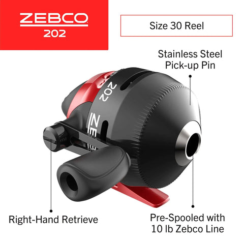 Spincast Reel And Fishing Rod Combo 5 Foot 6 Inch Two Piece Rod Right Hand Retrieve Pre Spooled With 10 Pound Cajun Line Includes 27 Piece Tackle Kit No Tangling Push Button Design Ready To Fish Black And Red showing size 30 reel with stainless steel pick-up and right-hand retrieve.