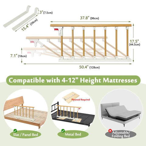 Diagram showcasing Bed Rail For Seniors And Elderly Safety - Under Mattress Bar, sizes and compatibility with various bed types.