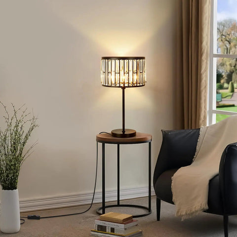 Sleek 21.6 Inch Black Industrial Bedside Lamp With Crystal K9 Shade, 3 Color Changing Mood Lighting, Plug In On Off Switch