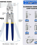 Heavy Duty Wire Rope Crimping Tool Kit With 2.0Mm Cap Crimper And 140 Pcs Aluminum Ferrule Loop Sleeves Plus 10 Pcs Stainless Steel Thimble Assortment In Four Size Crimping Settings diagram with sizes