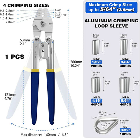 Heavy Duty Wire Rope Crimping Tool Kit With 2.0Mm Cap Crimper And 140 Pcs Aluminum Ferrule Loop Sleeves Plus 10 Pcs Stainless Steel Thimble Assortment In Four Size Crimping Settings diagram with sizes