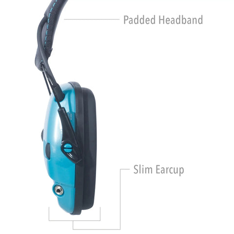 Side view of teal Impact Sport Electronic Shooting Earmuff with padded headband and slim earcup for hearing protection.