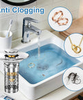 Built To Last Pop Up Bathroom Sink Stopper With Removable Strainer Filter Hair Catcher Solid Brass Drain Assembly No Sweat Replacement For Home Vanities Two Pack in action preventing clogs.