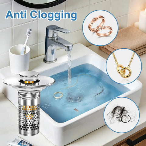 Built To Last Pop Up Bathroom Sink Stopper With Removable Strainer Filter Hair Catcher Solid Brass Drain Assembly No Sweat Replacement For Home Vanities Two Pack in action preventing clogs.