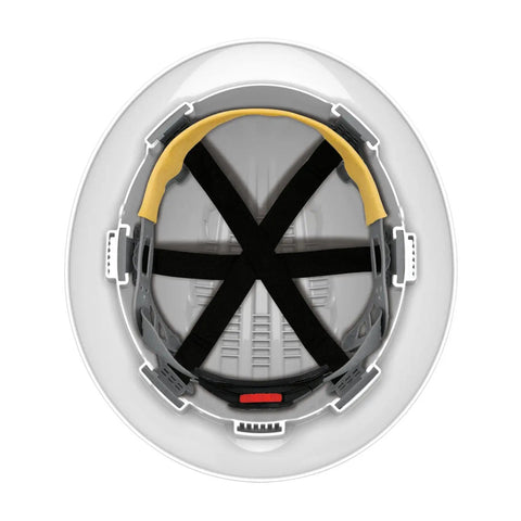 Inside view of Full Brim Hard Hat With HDPE Shell, Wheel Ratchet Adjustment, Vented 6-Point Suspension, White Safety Helmet