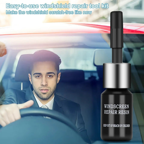 Man in car with Windshield Repair Kit For Chips And Cracks Up To 12 Inch With Glass Repair Fluid Quick Fix bottle shown.