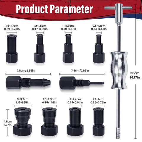 12pcs Blind Hole Collet Bearing Puller Set With Slide Hammer Built Tough Pro Grade Internal Bearing Extractor Kit 8 To 32mm Expandable Collets Insert Bearing Remover Red components and sizes displayed