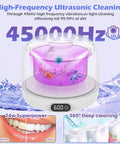 Top Shelf Upgraded Ultrasonic Retainer Cleaner With Uv Sterilization And 45Khz High Frequency Bubble Action, clear container with purple liquid.