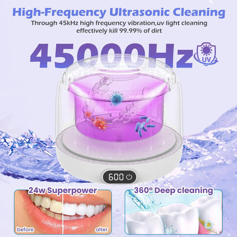 Top Shelf Upgraded Ultrasonic Retainer Cleaner With Uv Sterilization And 45Khz High Frequency Bubble Action, clear container with purple liquid.