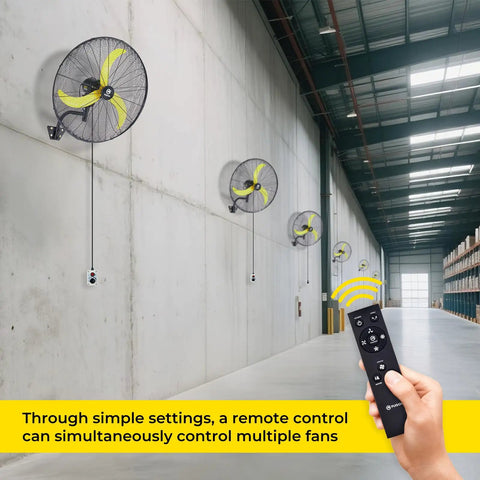 20 Inch Outdoor Quiet Remote Control Oscillating Wall Mount Fan with All Sealed BLDC Motor in warehouse setting