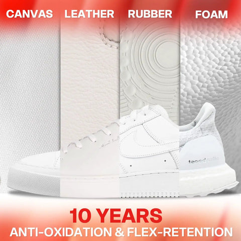 2 Pack White Shoe Polish Marker For Midsoles And Stains shown on sneaker canvas, leather, rubber, and foam materials.