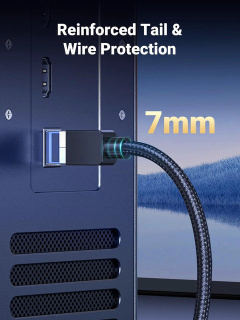 Cat 8 Ethernet cable, 6ft, braided black with RJ45 plug inserted into device.