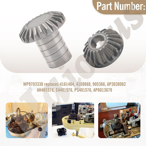 Whirlpool Compatible Stand Mixer Bevel Gear Kit 9703337 9703338 Replacement Worm Gear Set, metal gears shown with part numbers.