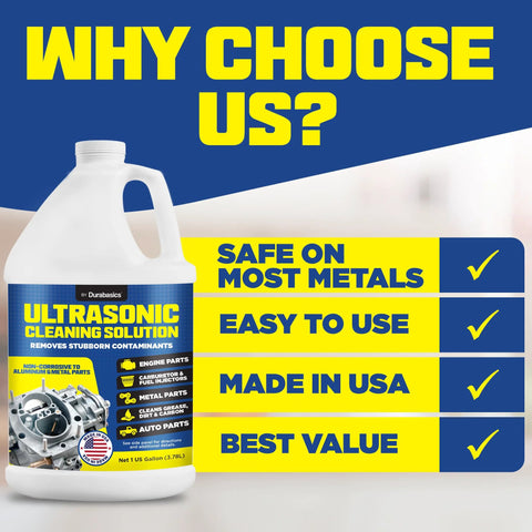 Front view of white plastic Durabasics 1-gallon Ultrasonic Cleaning Solution bottle; safe on most metals.