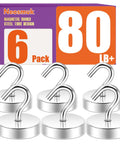 Neosmuk magnetic hooks, 6-pack, silver steel tube design, 80 lb+ capacity