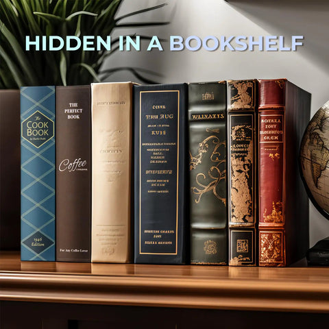 Hidden Book Safe With Combination Lock Coffee Color disguised among books on a shelf, blending with other book spines.