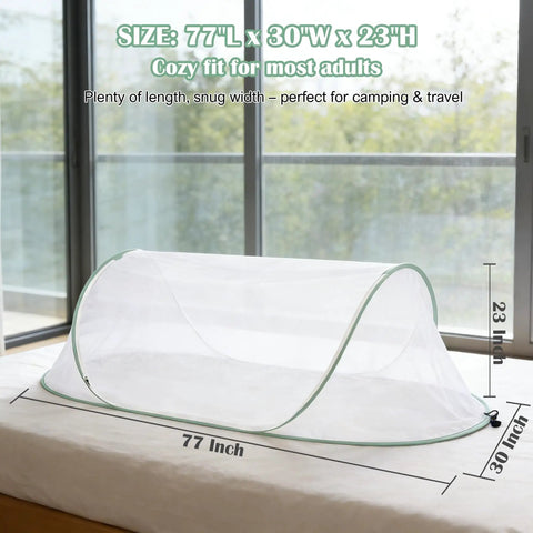 Instant Pop Up Mosquito Tent For Bedroom Camping And Patio With Portable Foldable Bug Net Quick Setup shown on a bed