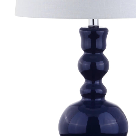 Close-up of blue ceramic lamp base with white linen shade, part of Mercury Silver Glass Table Lamp Set Of 2 With White Linen Shade Modern Bedside Lamps