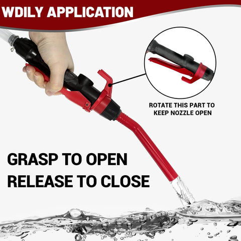Close-up of Battery Powered Gas Transfer Pump With 3 Ft Hose And Flow Control Nozzle Delivers 2.2 GPM in use, water flowing from nozzle
