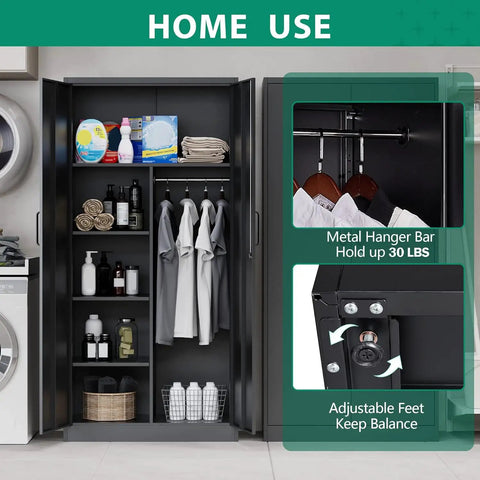 Lockable Steel Storage Cabinet With Locking Door 72 Inch Freestanding Wardrobe, shelves, hanger bar, and adjustable feet.