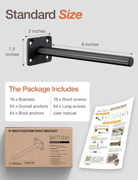 Hidden Floating Shelf Brackets 6 Inch Solid Steel Set Of 16 package contents and installation guide