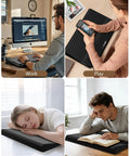 Collage showing 2-In-1 Ergonomic Keyboard Stand With Built-In Wrist Rest For All-Day Comfort in use; work, play, rest, and read scenarios.