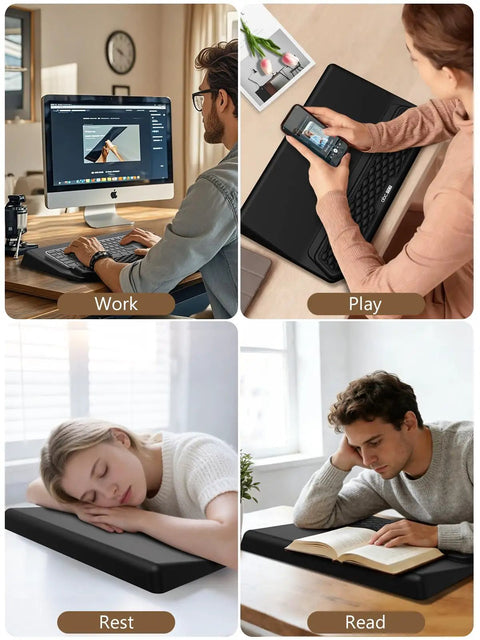 Collage showing 2-In-1 Ergonomic Keyboard Stand With Built-In Wrist Rest For All-Day Comfort in use; work, play, rest, and read scenarios.