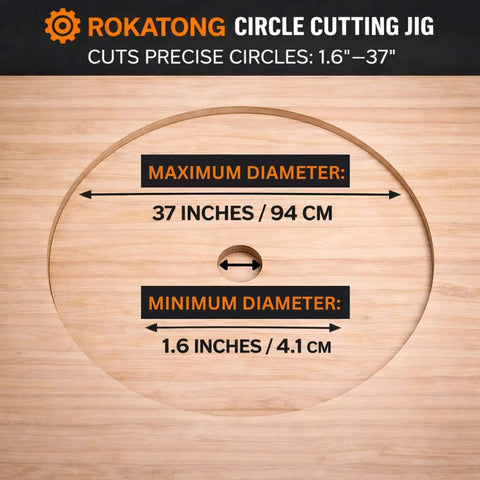 Diagram of the Circle Cutting Jig For Trim Routers, Your Go To Tool For Perfect Circular Cutouts Every Time, Adjustable Radius From 1.6 Inches To 37 Inches, showing maximum and minimum diameter limits on a wooden background.