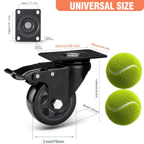 Heavy Duty 3 Inch Caster Wheels Set Of 4 With Swivel Brakes Handles 1100 Pounds size, design, and universal dimensions with tennis balls for scale.