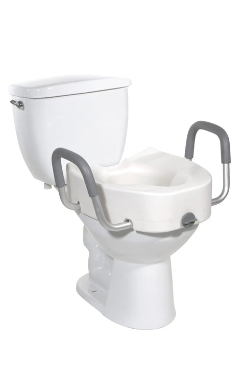 Raised Toilet Seat With Locking Arms And 5 Inch Lift, Elongated Bowl, Premium Plastic, Padded Armrests, shown on toilet