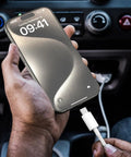 CarPlay Ready USB A To USB C Cable For iPhone 17 16 15 Series Plus Pro Max And iPad Air 10th Gen White Three Foot Car Charger Cord Delivers Instant CarPlay Activation And Smooth In Car Use in use shown connected to iPhone in car.