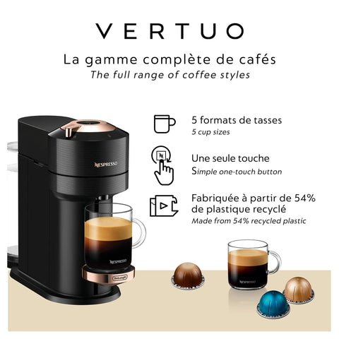 Vertuo Next Coffee And Espresso Machine By De'Longhi In Black With Rose Gold Finish One Touch Brewer For Espresso To Seven Cup Sizes And Carafe Nespresso Compatible Smooth Crema And Fast Heat Up For Everyday Cafe Vibes