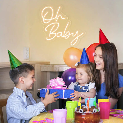 Custom Neon Sign For Any Party Oh Baby Warm White LED Neon Light Bachelorette Party Decor with smiling family at table