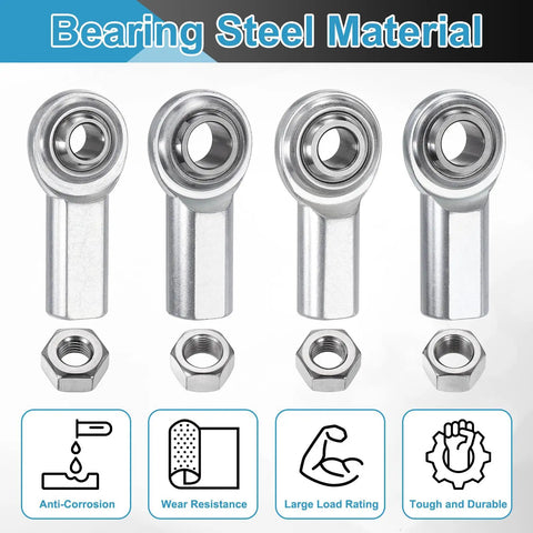 Four Pack CF3 Rod End Bearings With Three Sixteenths Inch Bore And Ten Thirty Two Right Hand Female Threads Self Lubricating Joint Rod Ends With Jam Nuts For Heavy Duty Linkage And Machinery Projects Chrome Steel Construction, steel rod ends with jam nuts