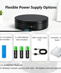 Motorized Rotating Display Stand 7.87 Inch Electric Spinning Turntable With Silent Operation showing flexible power supply options.